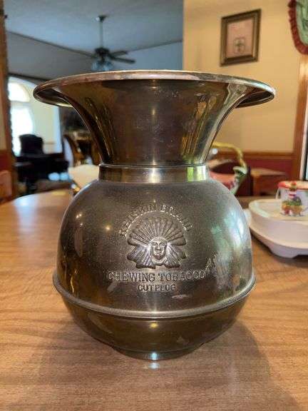 Vintage Redskin Brand Chewing Tobacco brass spittoon filled with campaign and other buttons…..9”D x 10-1/4” tall image
