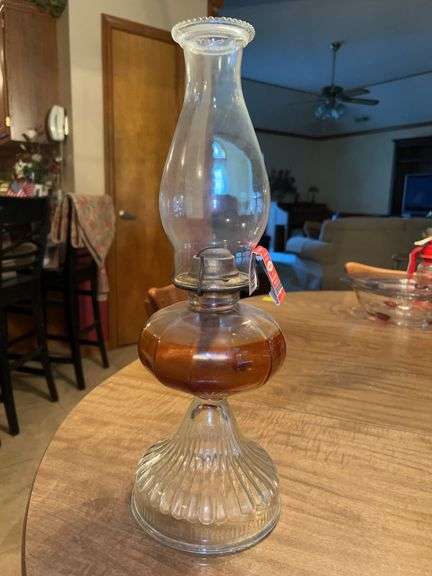 Vintage Rare Eagle Amber Glass Oil Lamp with Hurricane Shade…..18” tall image