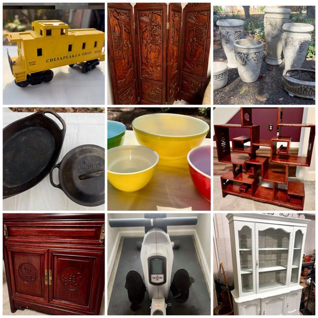 Gorgeous Oriental Hand-Carved Furniture, Pyrex, Lionel Train Set, Small Hutch, Tons of Cast Iron and Crystal, Rower, Weights, and Lots of Planters and Garden Tools!! featured photo