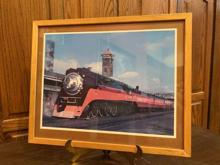 Framed and matted Southern Pacific 4449 steam locomotive in its iconic red, orange, and black "Daylight" paint scheme print…..21-1/8 x 17-1/4 image