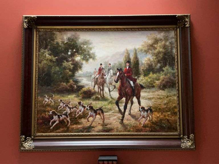 Extraordinary and beautifully framed oil on canvas print depicting a traditional English Fox Hunt scene…..59 x 47 image