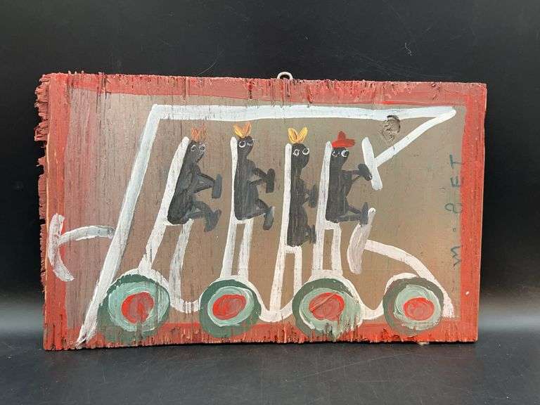 Authentic Signed Contemporary Artist Mose T Red School Bus Folk Art with signature soda can tab hanger…..16-1/2 x 10-1/4 image