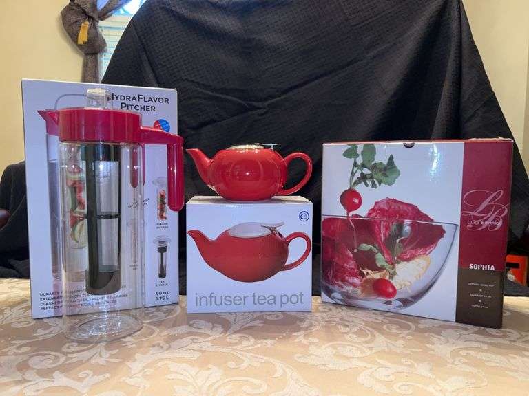 Grouping of (3) kitchen household items….HydraFlavor Pitcher, 17oz Certified International Infuser Teapot and Luigi Bormioli “Sophia” serving bowl image