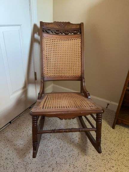 antique Victorian walnut and cane back and seat nursing rocking chair….. 18-1/2 x 17 x 34 tall overall image