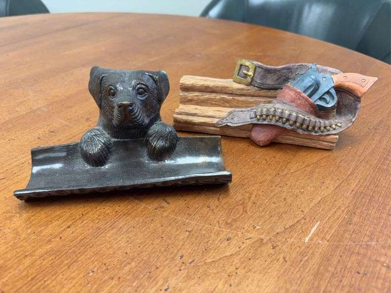Solid Brass Dog and Revolver and Gun Belt Card or Pen Holders image