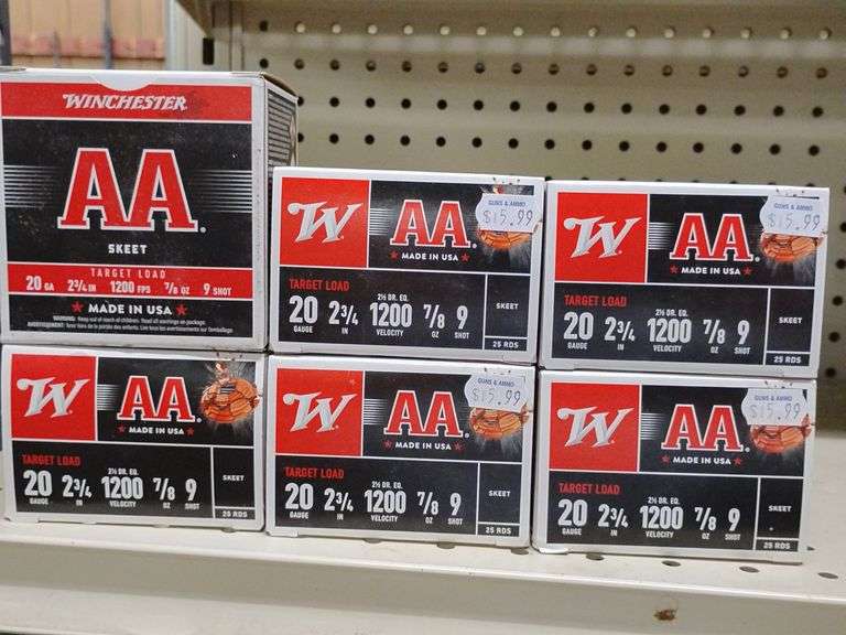 Winchester AA Skeet Target Load 20 gauge 2 3 4 inch 2 1 2 DR. EQ. 1200 velocity 7/8 oz. 9 shot, 25 Rounds, 6 boxes image