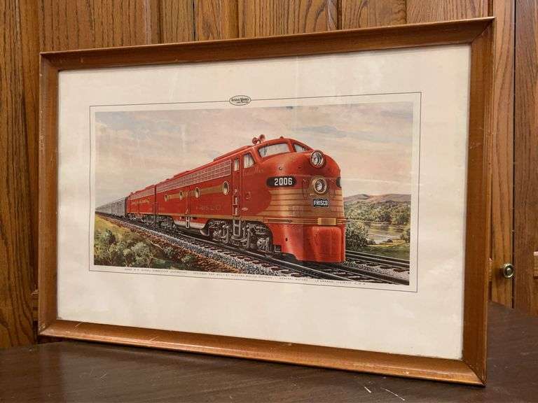 Framed print depicting a Frisco E-Unit diesel locomotive, specifically unit number 2006…..27-7/8 x 18-3/4…..frame has minor blemishes image