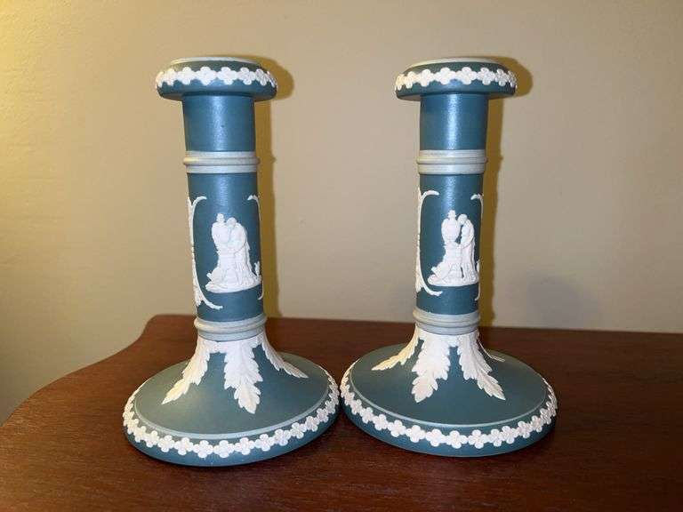Pair of Wedgwood-Style "Dudson" Green Jasperware Candlesticks…..6-1/2” tall image
