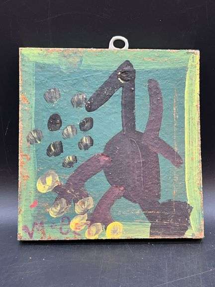 Authentic Signed Contemporary Artist Mose T Black Tico Bird with Yellow Toes Folk Art with signature soda can tab hanger…..6 x 6 image