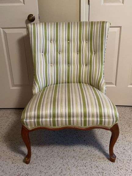Very nice Queen Anne style tufted back hues of green striped chair…..25 x 19-1/2 x 34-1/2 tall over….seating has 2 tiny snags image