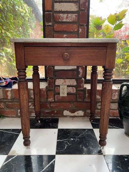 Antique American Marble Top Single Drawer Side Table with Turned Legs and casters…..23-3/4 x 18 x 28 image