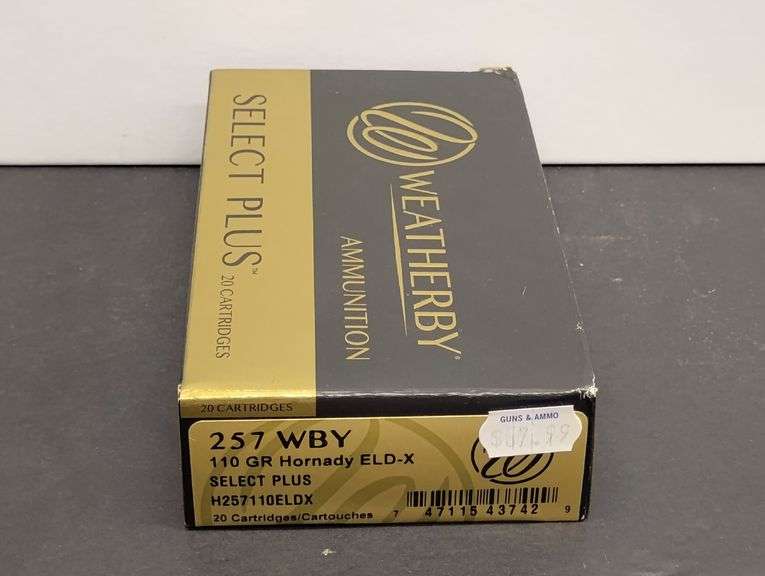 One 20 Cartridge Box Weatherby Select Plus 257 WBY 110 Grain Hornady ELD-X image