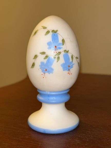 Vintage Handpainted Fenton Satin Porcelain Egg with Bluebells…..Signed By C. Ash….3-1/2” tall image