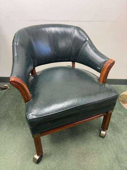 Hickory Leather Co. Forrest Green Rolling Club Chair with Wood and Brass Details image