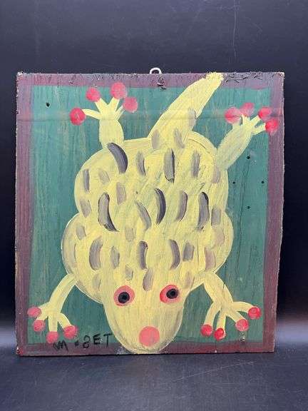 Authentic Signed Contemporary Artist Mose T Yellow Frog with Red Toes Folk Art with signature soda can tab hanger…..14 x 15 image