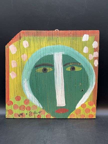 Authentic Signed Contemporary Artist Mose T Facial Folk Art with signature soda can tab hanger…..13-1/2 x 12-3/4 image