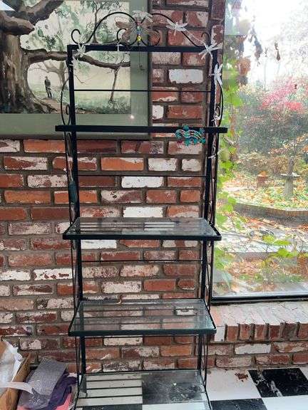 Black metal rack (used as plant stand) with glass shelving…. 24 x 10-1/4 x 70-1/2” tall image