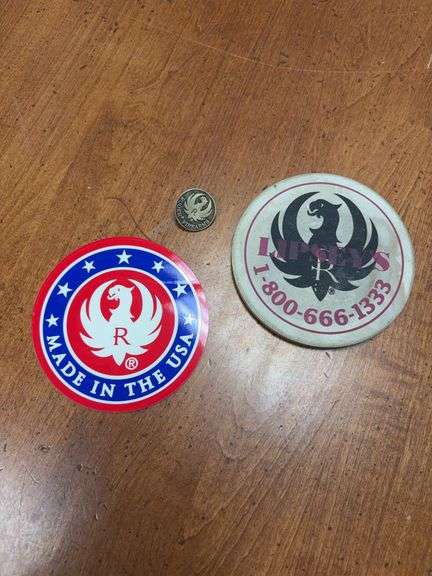 Three Ruger 3” Round Stickers, 4” Stone Ruger Coaster and Three 1” Ruger Pins image