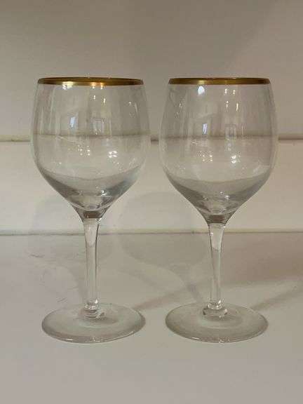 Set of (2) Contemporary Lenox Laurent Crystal Gold Rim Wine Glasses…..7” tall image
