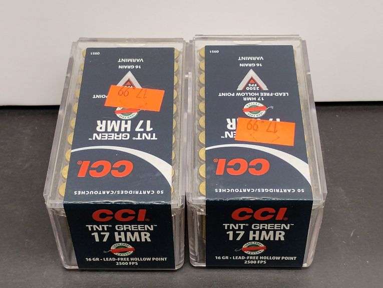 Two 50 Cartridge Boxes CCI TNT Green 17 HMR Hollowpoint 16 Grain image