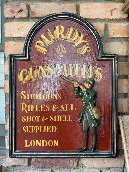 Vintage wood Purdy’s Gunsmith’s advertising sign….18 x 24 image