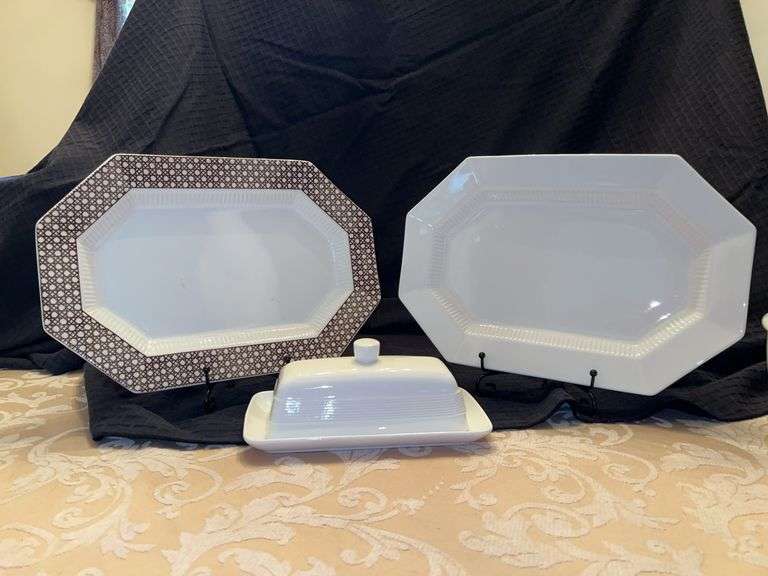 (3) pieces of ceramic serving dishes….. Vintage Independence Ironstone Brown Cane Platter 13 x 9, NIKKO white Classic Collection 13 x 9 and lidded butter dish by Maison Neuve image