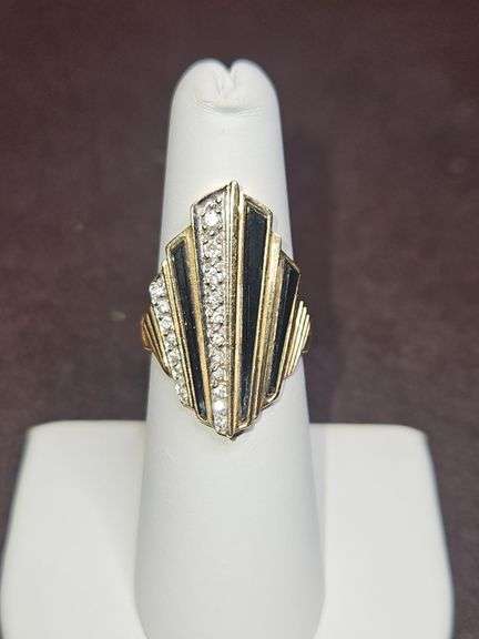 Erte 14K Yellow Gold, Onyx, and Diamonds Art Deco Style Cocktail Ring, Size 6.5 signed & numbered 59/250 7.1 total grams DIAMONDS TESTED POSITIVE USING DIAMOND SELECTOR II TESTER... image
