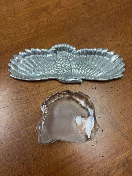 4” Glass Eagle Paper Weight and 9” Arthur Court Eagle Trinket Plate image