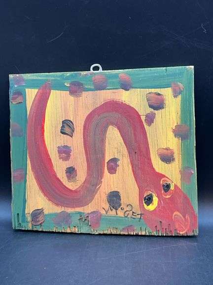 Authentic Signed Contemporary Artist Mose T Ted Snake with Yellow Eyes Folk Art with signature soda can tab hanger…..10 x 8-3/4 image