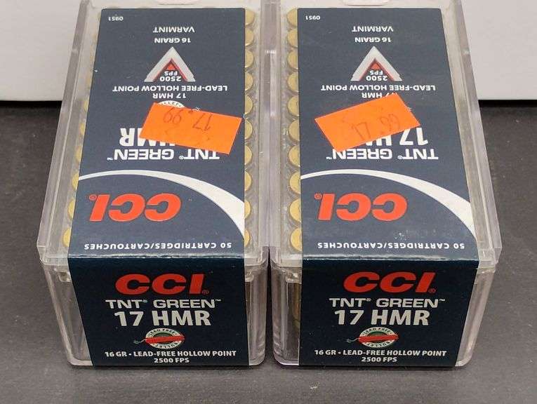 Two 50 Cartridge Boxes CCI TNT Green 17 HMR Hollowpoint 16 Grain image