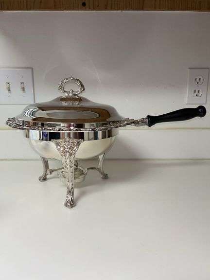 Beautiful Vintage Silver Plate Chafing Dish with Lid, Stand, Burner and Warming Tray image