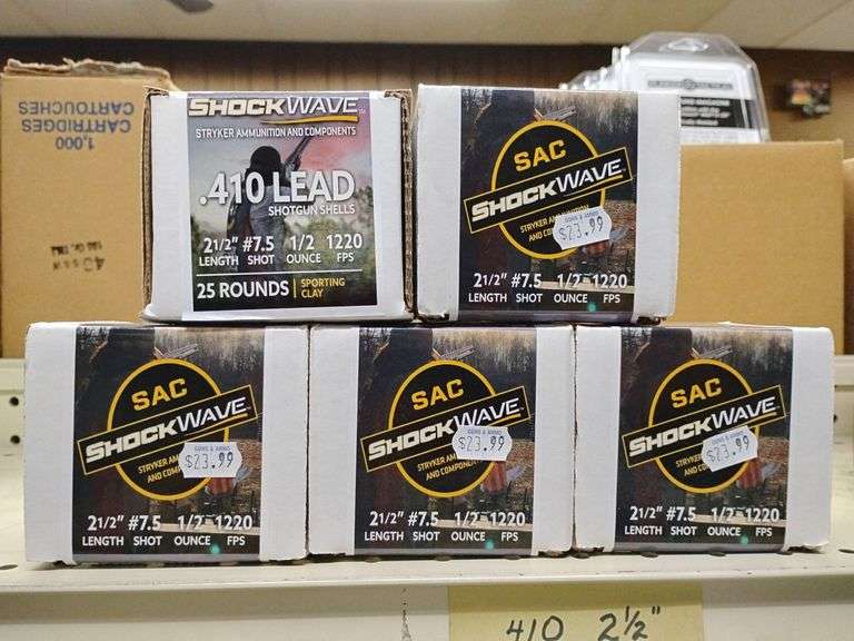 Stryker Ammunition and Components Shock Wave .410 Lead Shotgun Shells 2 1/2" Length #7.5 Shot 1/2 Ounce 1220 FPS 25 Rounds Sporting Clay 5 boxes image