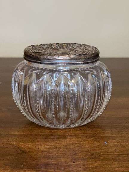Antique Vanity Jar with sterling Lid (rim is bent)…..2-3/4” tall image