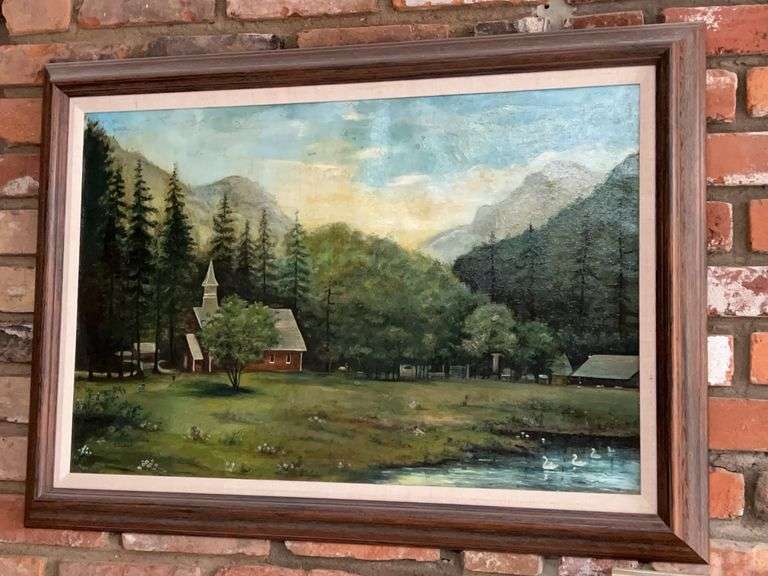 Signed J. Pinckent(?) oil on canvas print depicting old country church and farm…..35-1/2 x 25-3/4 image