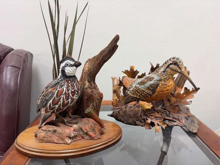 Wooden Carved Bobwhite Quail and Carved Woodcock image
