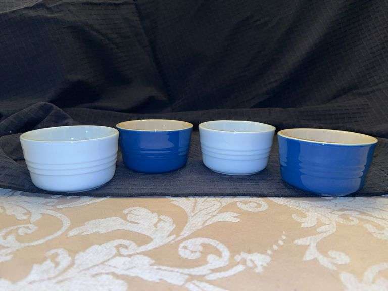 Set of 4 Le Creuset Stoneware Ramekins - Custard Cups…..2 are white and 2 are blue image