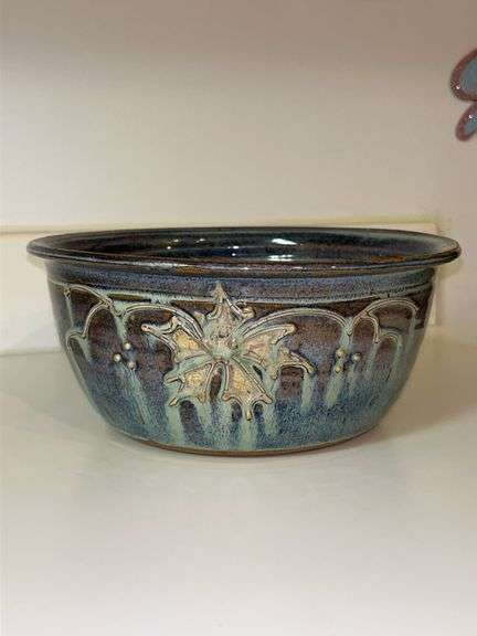 Uniquely designed glazed pottery bowl (signed Pelton on bottom)…..9-3/4”D x 4-1/4” tall image