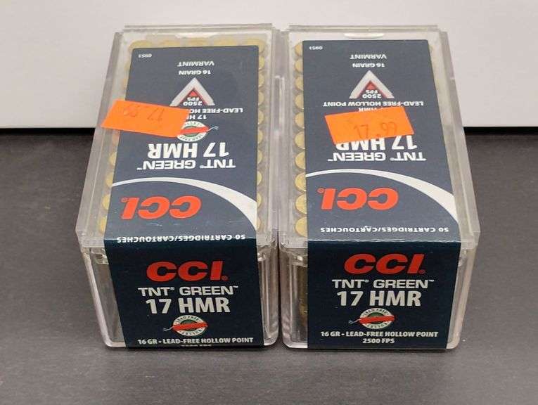 Two 50 Cartridge Boxes CCI TNT Green 17 HMR Hollowpoint 16 Grain image
