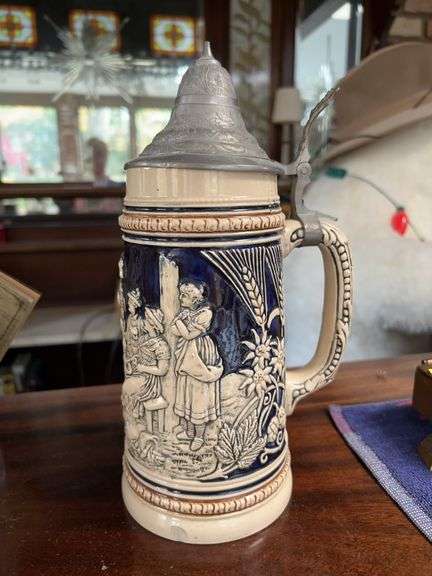 Vintage German Stoneware Stein with pewter lid…..10-1/2” tall…..chip around bottom edge image