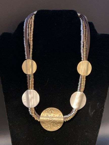 Vintage Multi-Strand Beaded and Gold Tone Necklace with heavy gold tone disk accents image