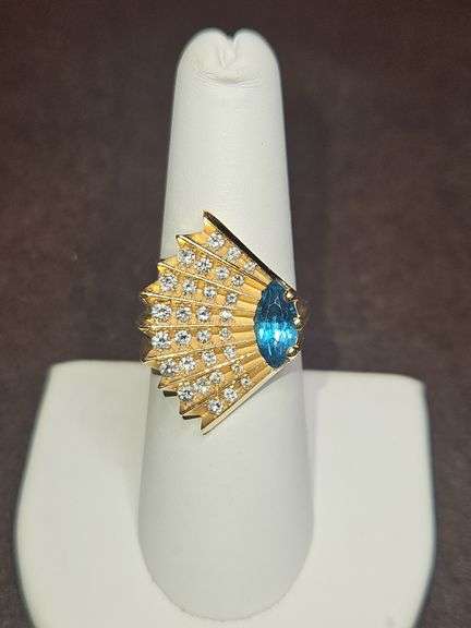 Erte Coquillage 14K Yellow Gold, Blue Topaz, and 30 Diamonds Art Deco Style Ring, Size 7 signed & numbered 178/225 w/COA & Certificate of Value 9.1 total grams DIAMONDS TESTED POSITIVE USING DIAMOND SELECTOR II TESTER... image