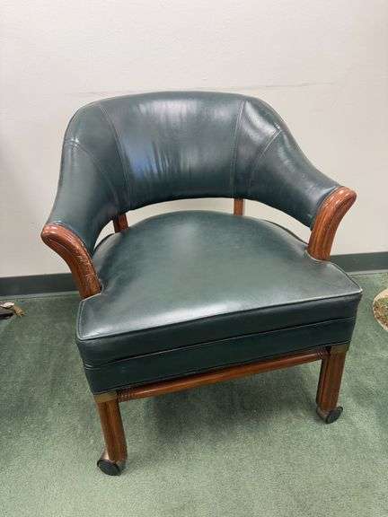 Hickory Leather Co. Forrest Green Rolling Club Chair with Wood and Brass Details image