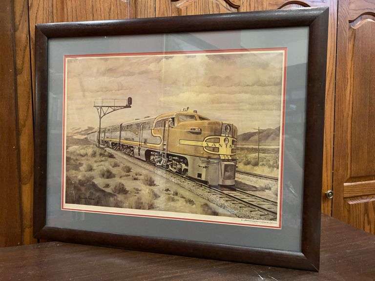 Framed/matted/signed print of EMC E1 diesel locomotive, specifically one of the units used by the Atchison, Topeka and Santa Fe Railway (AT&SF), commonly known as Santa Fe and #51…..29-1/2 x 23-1/2 image
