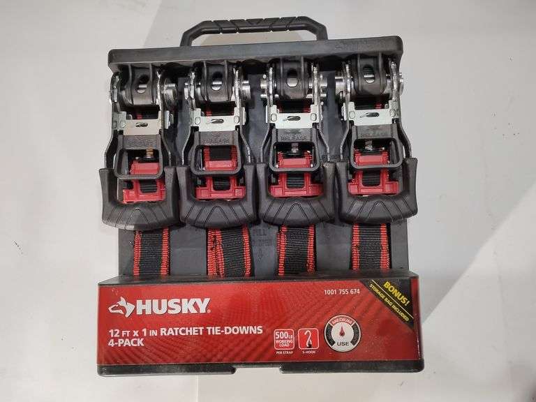 4-Pack Ratchet Tie-Downs,c Husky Brand,  12' x 1", Bonus Storage Bag, 500 lb working load per strap, S-Hook, Medium Use, New, unopened. image