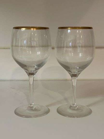 Set of (2) Contemporary Lenox Laurent Crystal Gold Rim Wine Glasses…..7” tall image