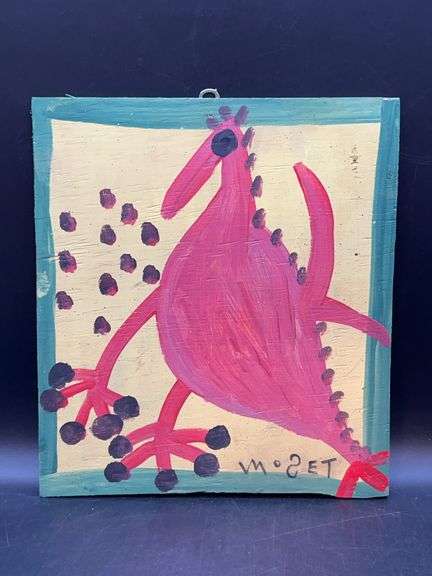 Authentic Signed Contemporary Artist Mose T Red Tico Bird Folk Art with signature soda can tab hanger…..10-3/4 x 12 image
