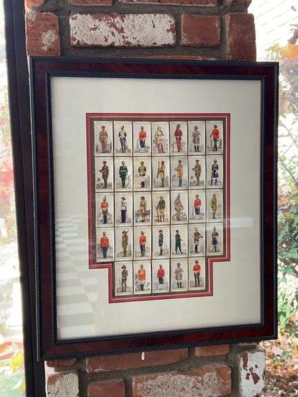 Framed collection of vintage cigarette cards, specifically from the "Military Uniforms of various Empires Overseas”…..19-1/4 x 22-1/2 image