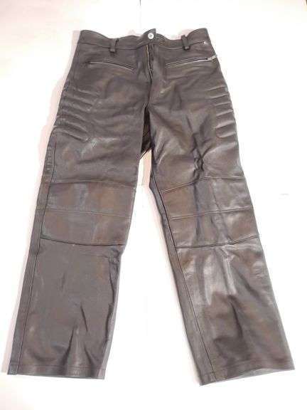 Leather Padded Motorcycle Riding Pants, no maker or size, but they are small. Some wear. image