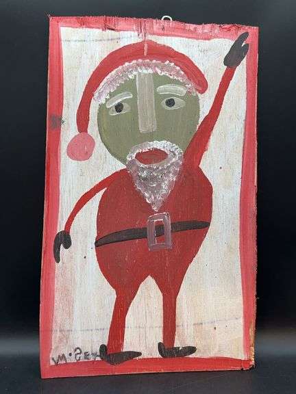 Authentic Signed Contemporary Artist Mose T Santa Folk Art with signature soda can tab hanger…..12-1/2 x 20-1/4 image