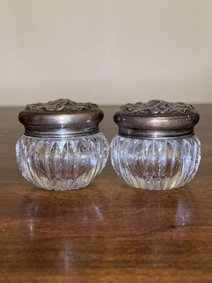 Matching pair of small cut glass vanity jars with sterling lids…..1-3/4” tall image